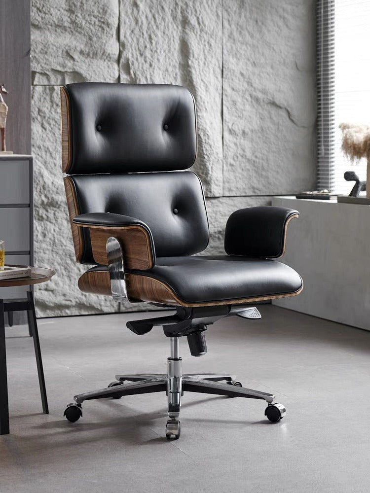 Modern E69 High Back Office Chair, Black Premium Leather/ Walnut