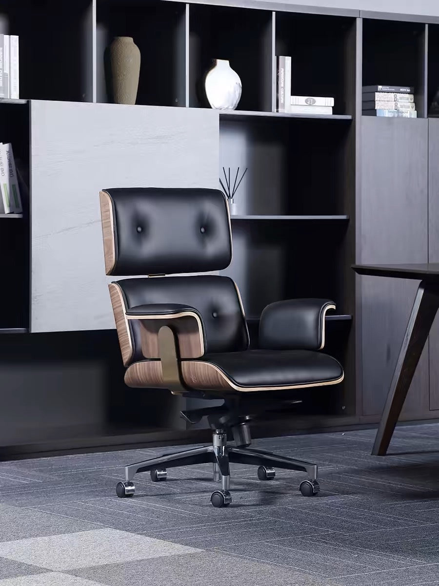 Modern E69 High Back Office Chair, Black Premium Leather/ Walnut