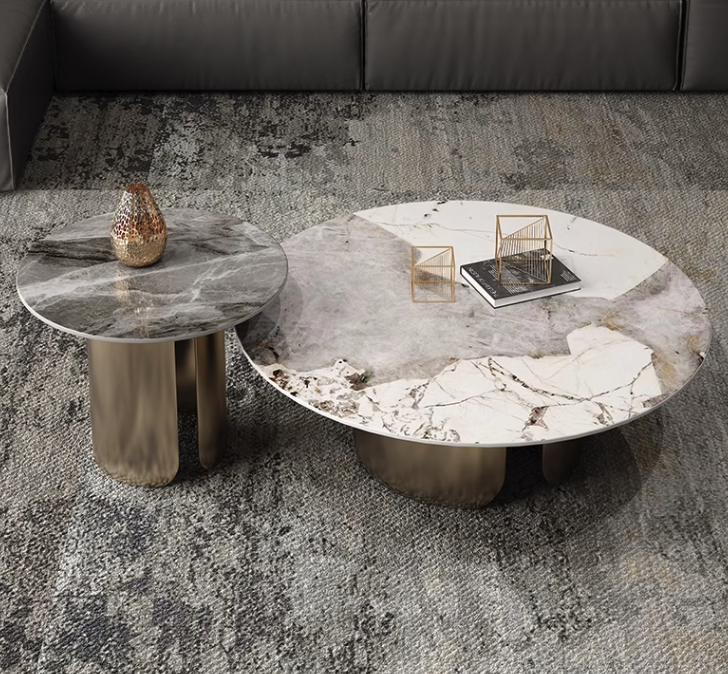 Maru Nesting Coffee Table, Sintered Stone Top With Gold Base｜ DC Concept