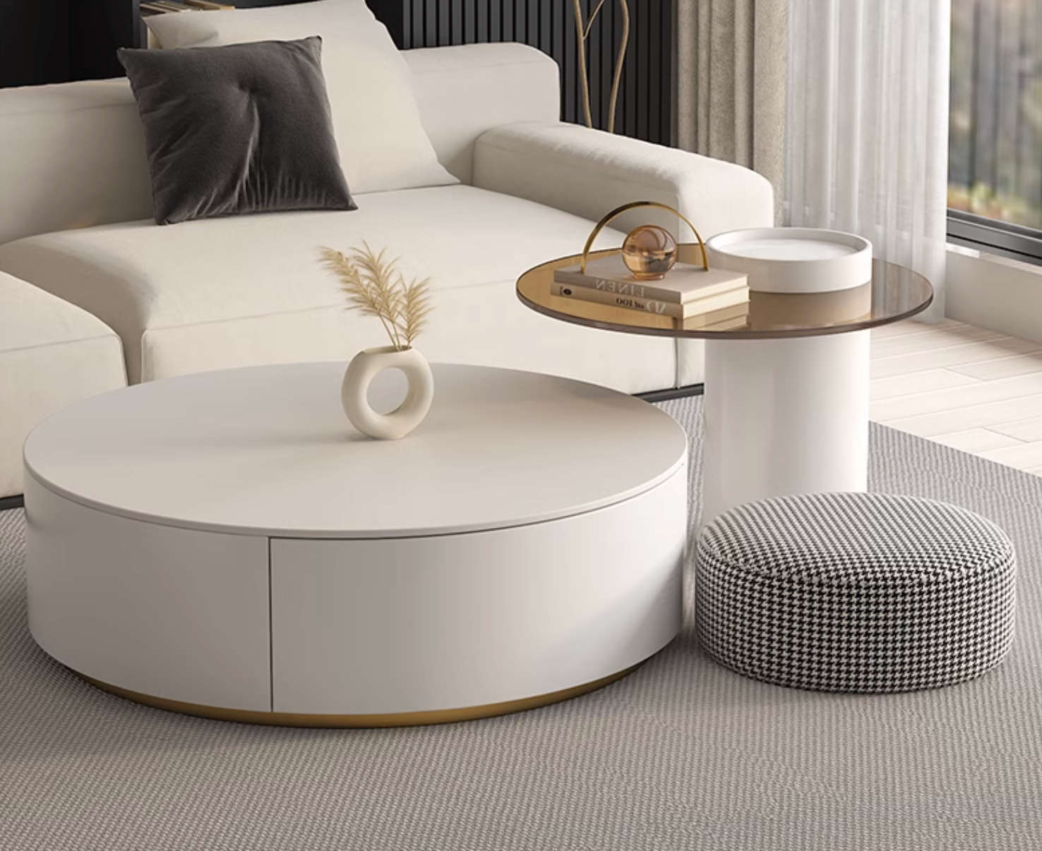 Riviera Round Nesting Coffee Table Set With Seat Pad, White｜ DC Concept