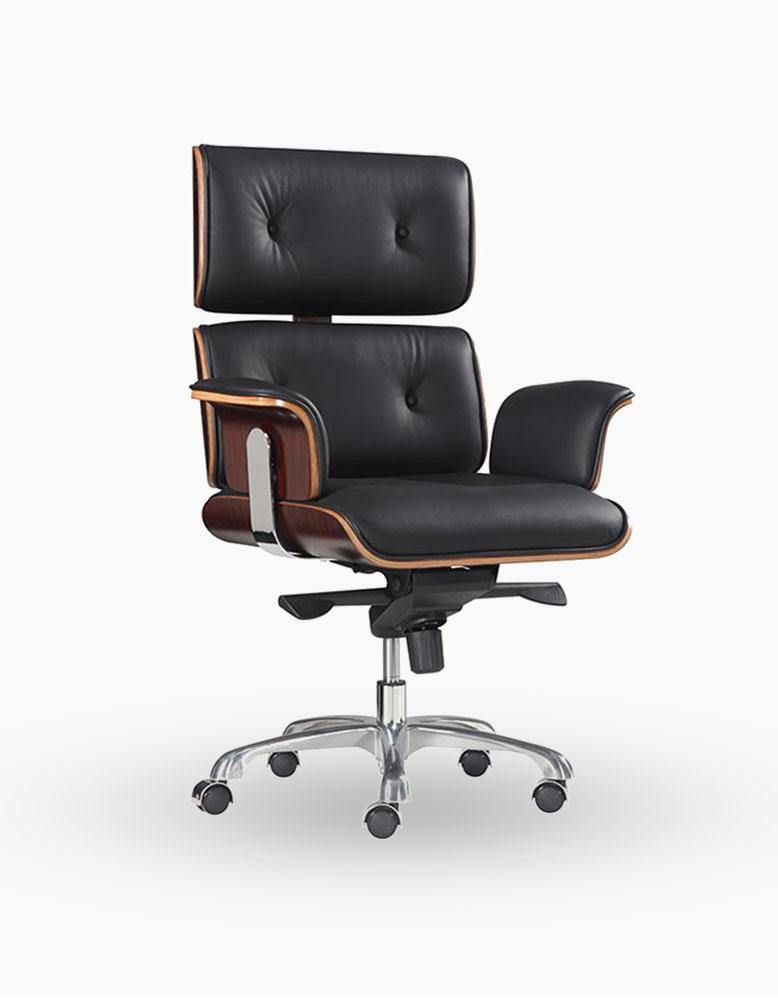 Classical EM High Back Office Chair, Black Premium Leather/ Walnut｜ DC Concept