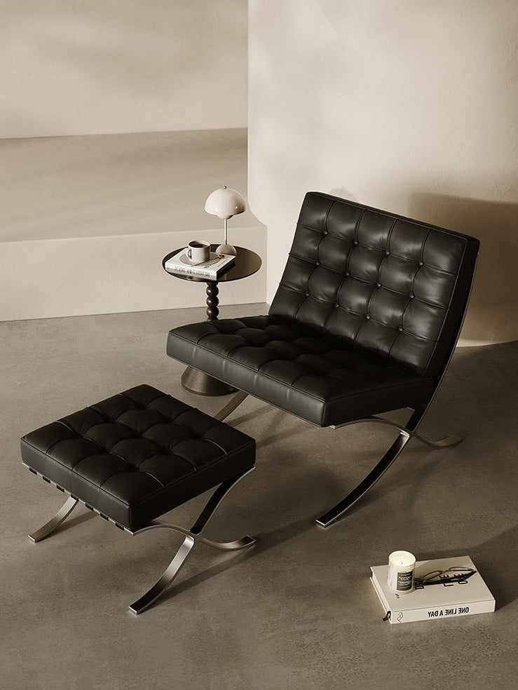 Classic Modern Barcelona Chair And Footstool, Black Leather