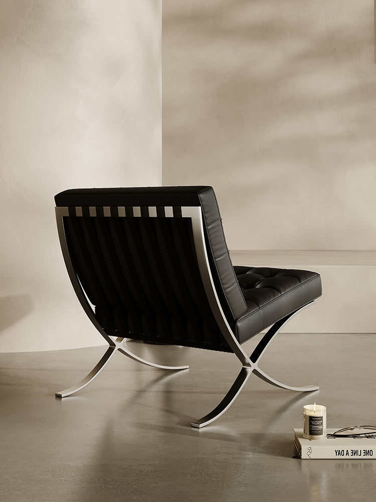 Classic Modern Barcelona Chair And Footstool, Black Leather