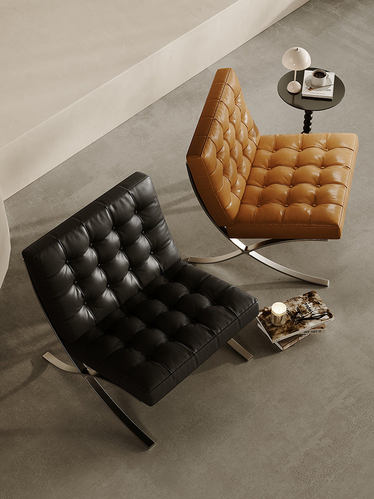 Classic Modern Barcelona Chair And Footstool, Black Leather