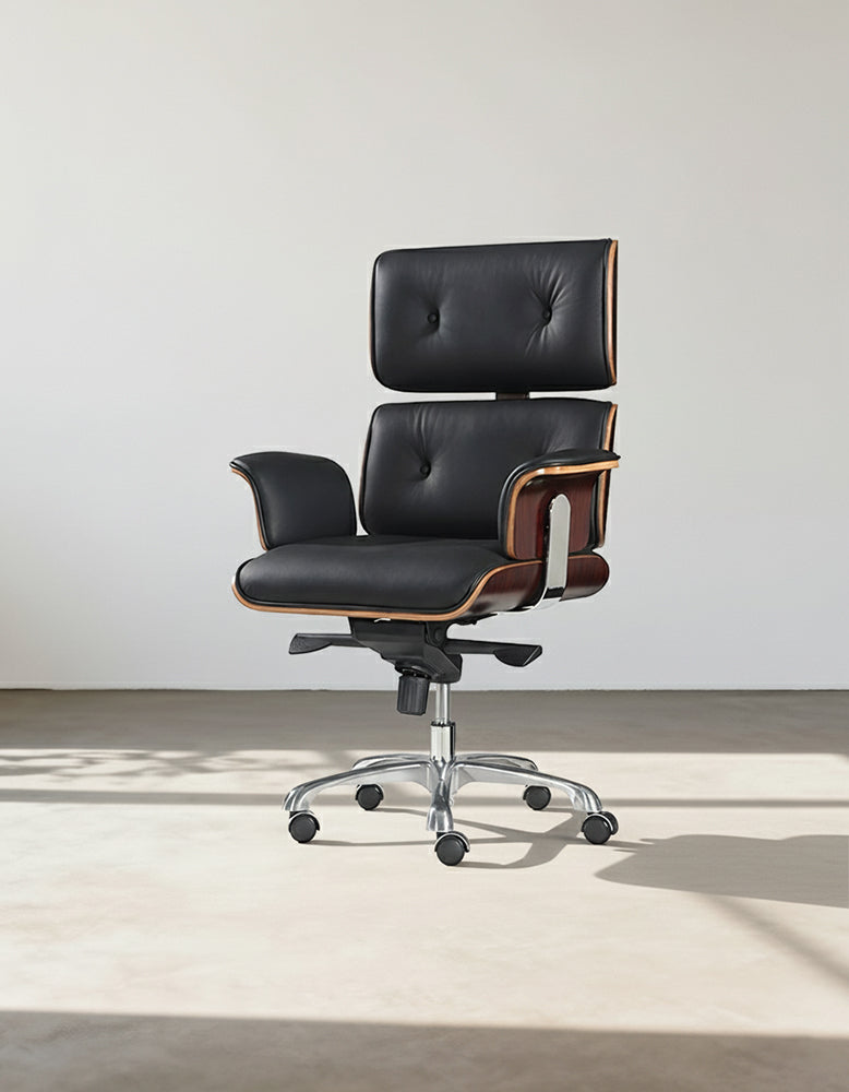 Modern E69 High Back Office Chair<br> Black Premium Leather/ Walnut
