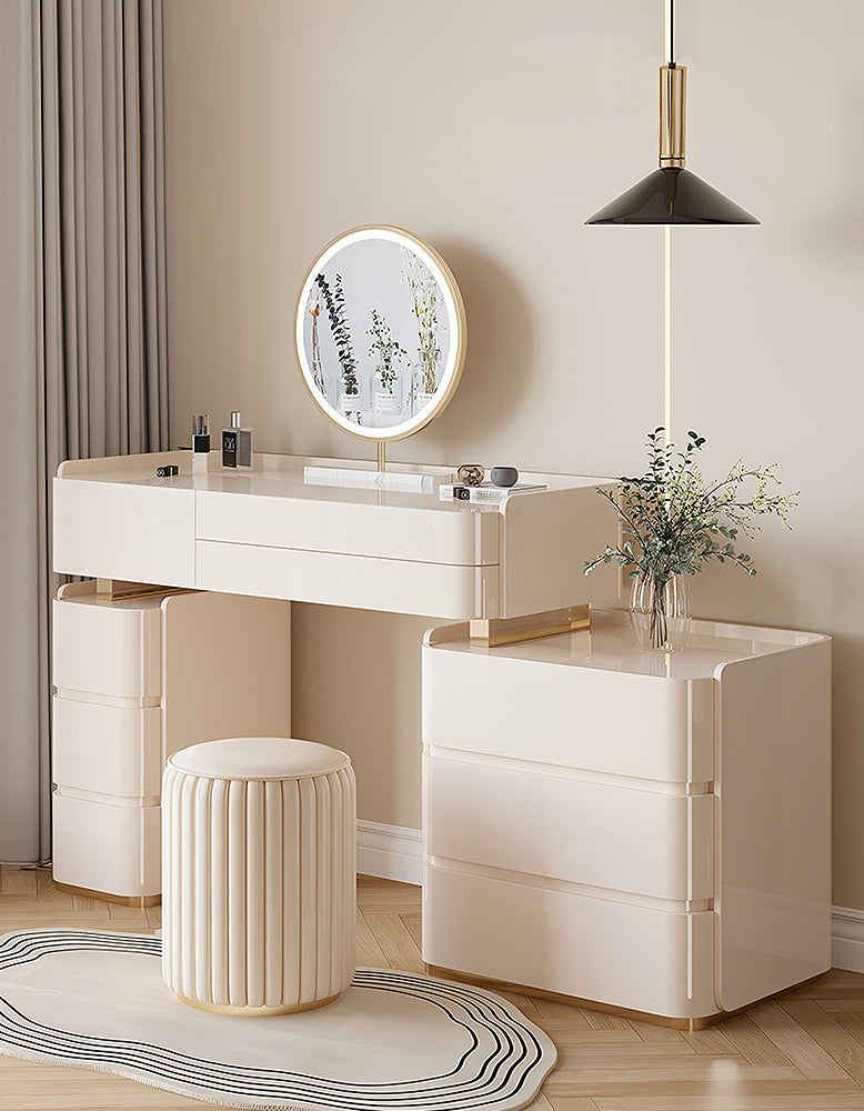 López Dressing Table With 2 Side Cabinets & LED Mirror and Stool, Cream