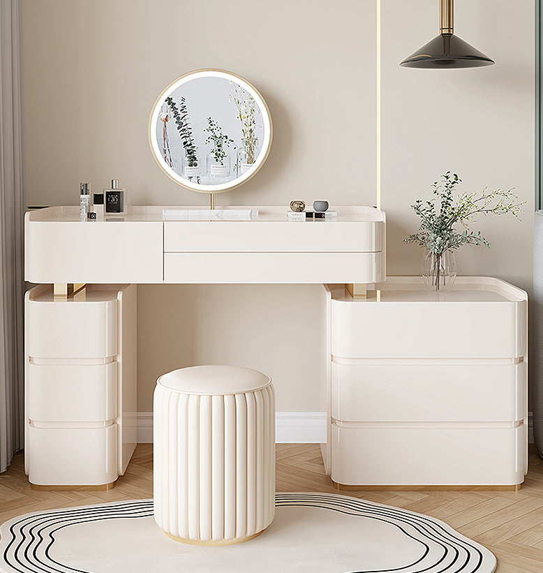 López Dressing Table With 2 Side Cabinets & LED Mirror and Stool, Cream