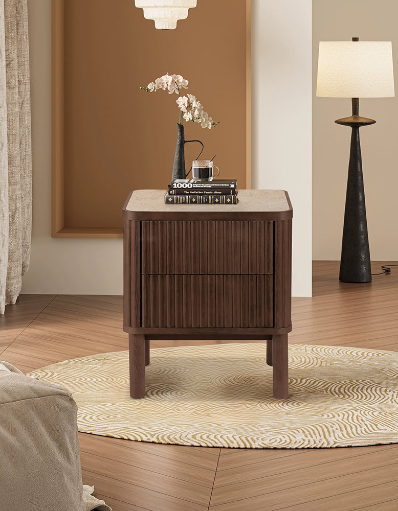 Tannenbaum 2 Drawer Bedside Table, Wood, With Sintered Stone Top