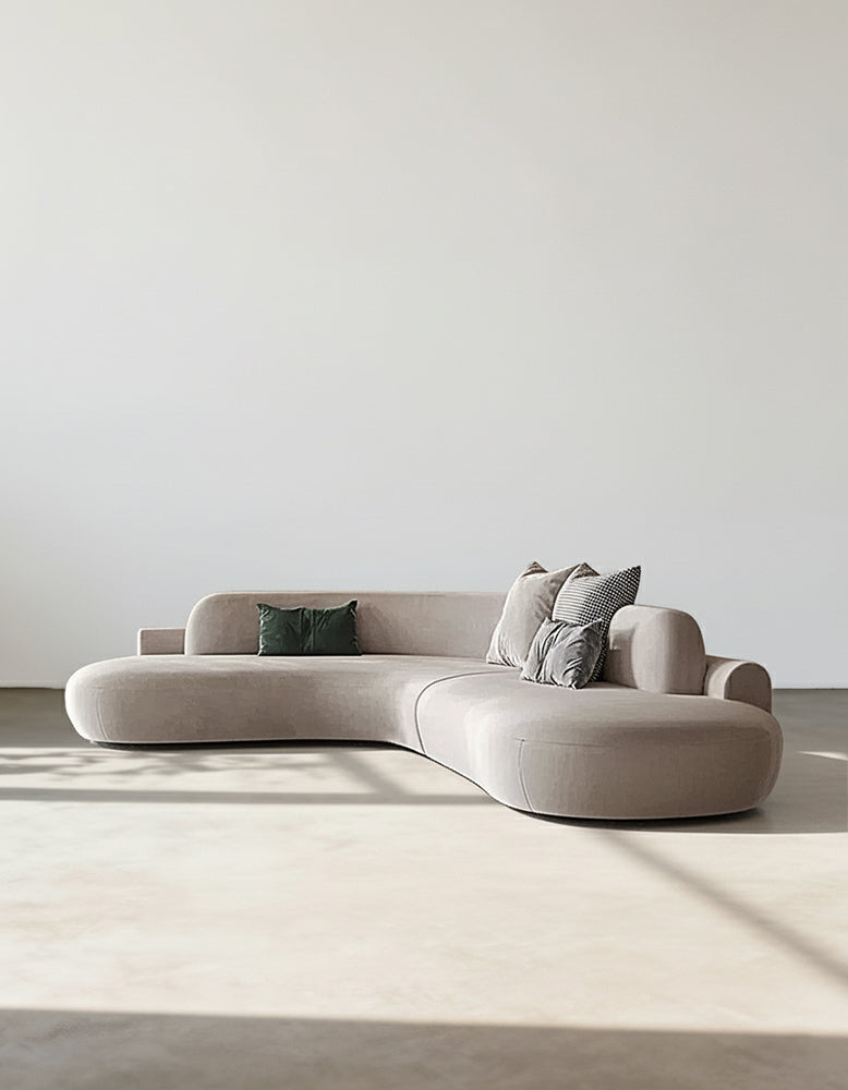 Nicosia Grey Curved Three Seater Sofa, Suede