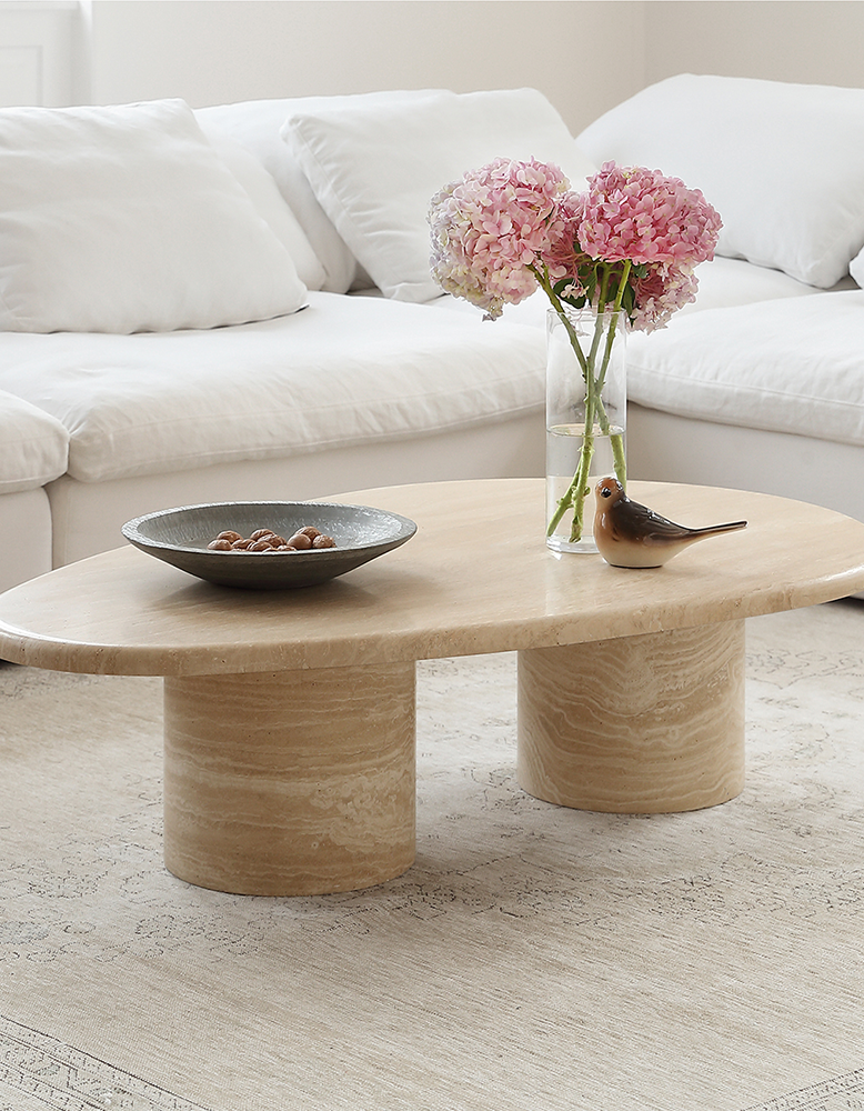 Clio Art Deco Coffee Table, Oval, Travertine