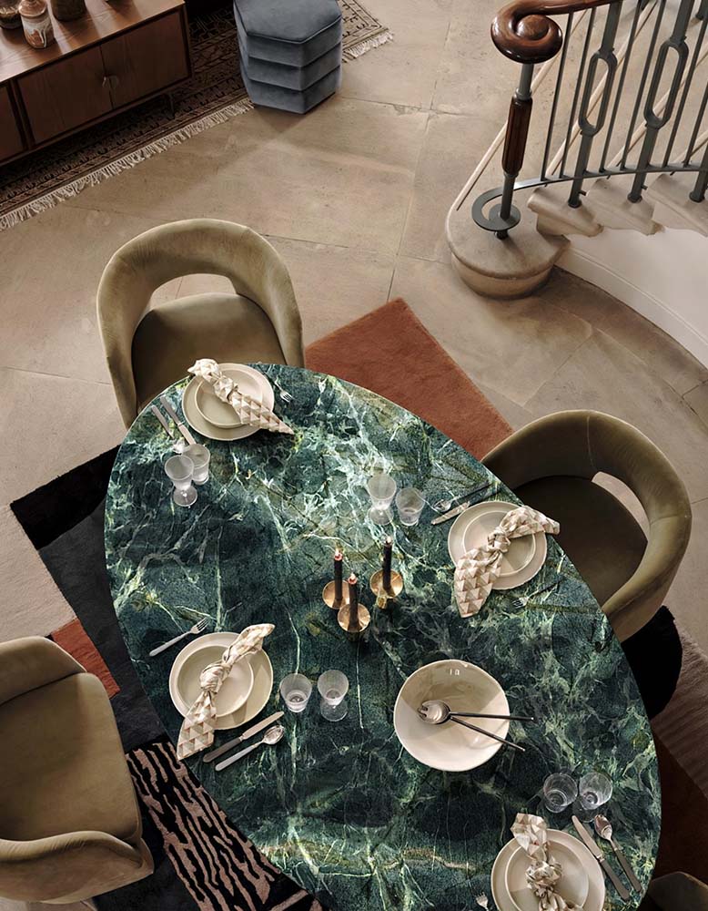 Murcell Oval Dining Table, Brazilian Green Marble