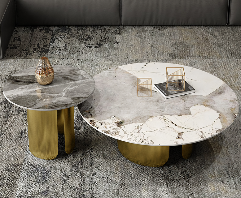 Maru Nesting Coffee Table Set, Sintered Stone Top With Gold Base