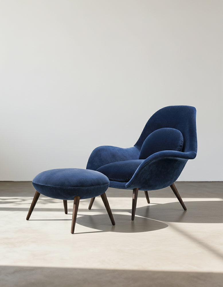 Swoon Lounge Petit Armchair And Stool, Blue Velvet, Wood Leg