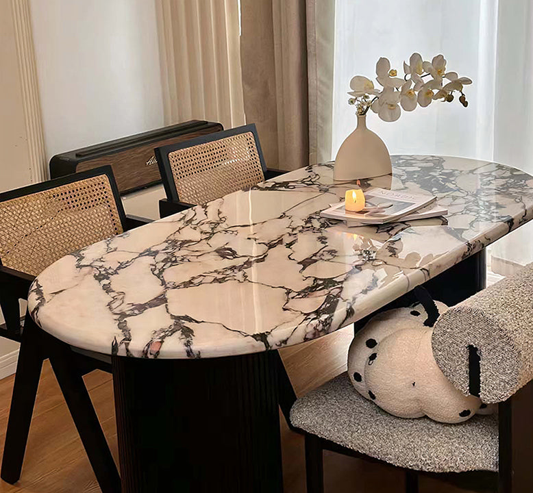 Amina Black Oval Dining Table, Solid Wood & Marble