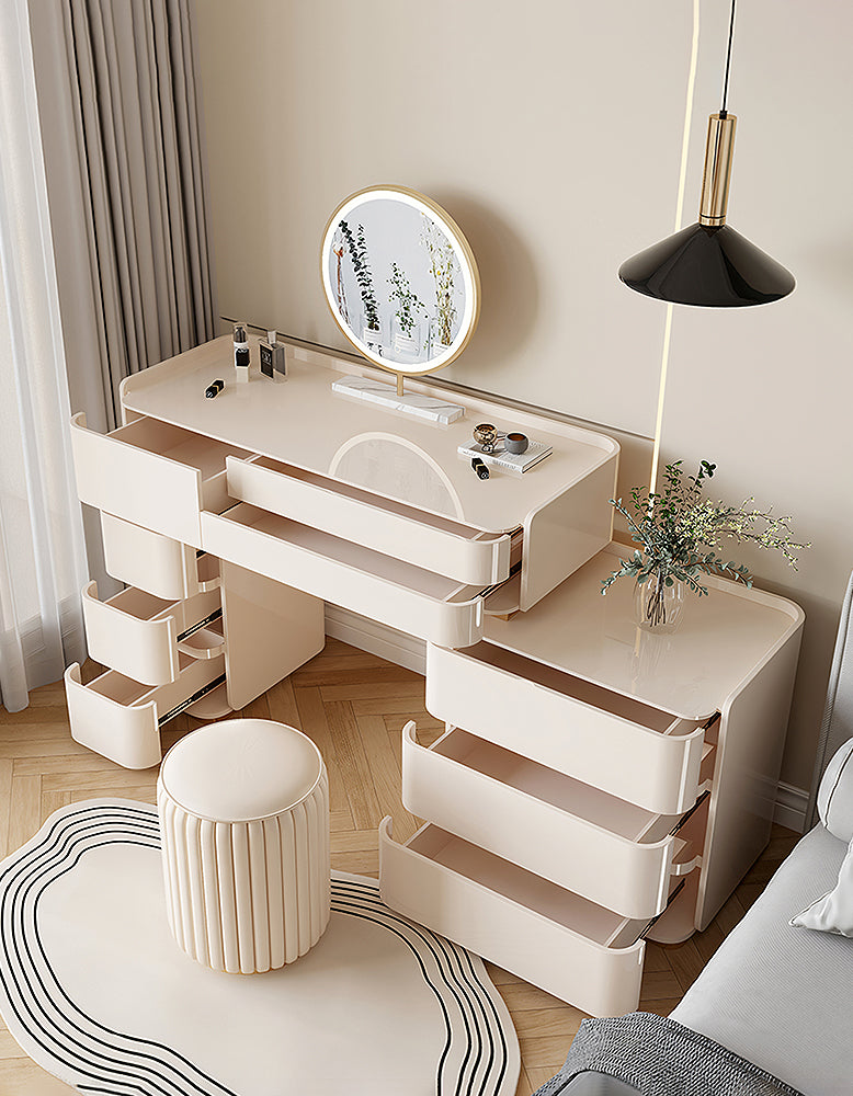 López Dressing Table With 2 Side Cabinets & LED Mirror and Stool, Cream