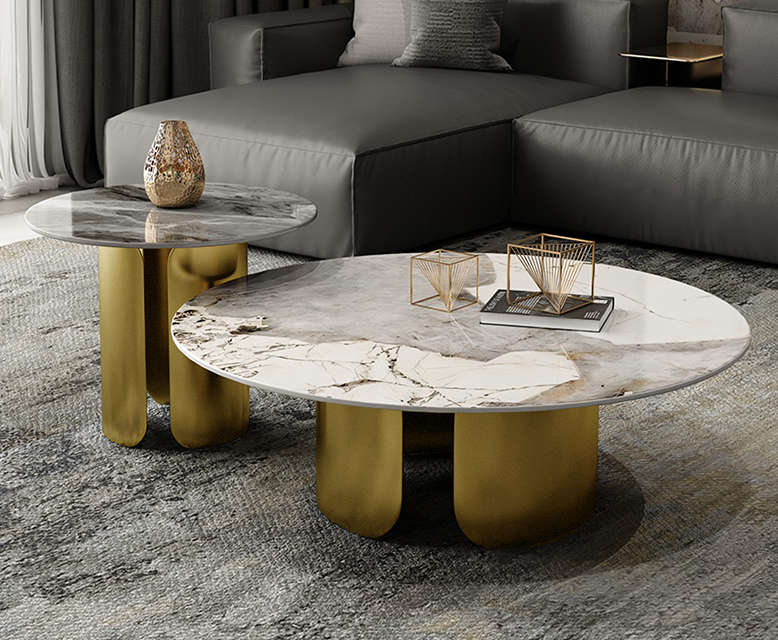 Maru Nesting Coffee Table Set, Sintered Stone Top With Gold Base