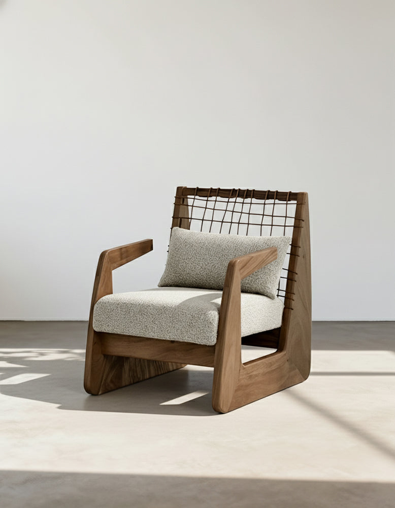 Delaney Retro Armchair, Solid Wood & Rattan