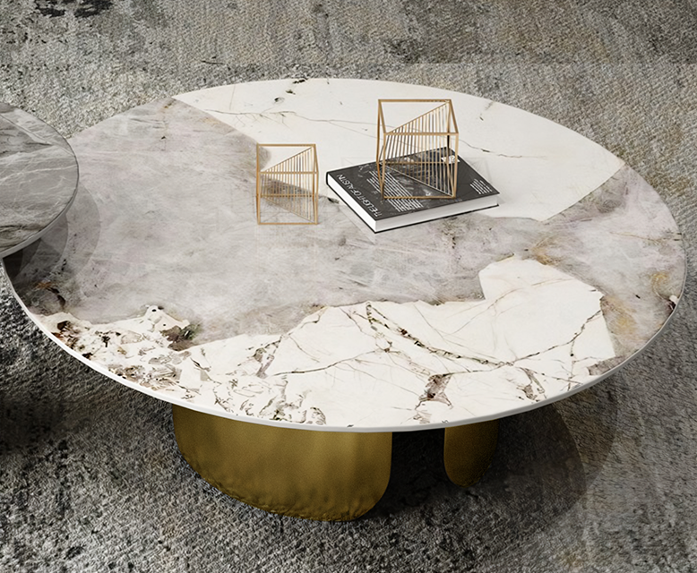 Maru Nesting Coffee Table Set, Sintered Stone Top With Gold Base