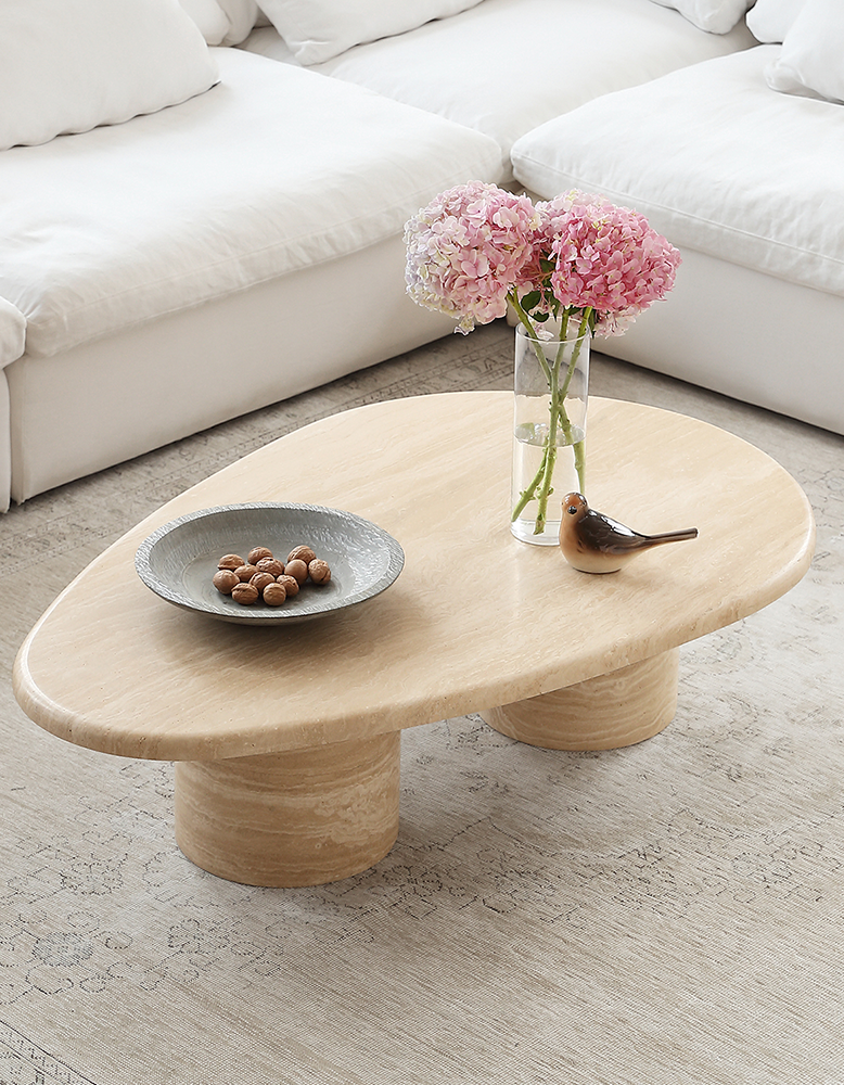 Clio Art Deco Coffee Table, Oval, Travertine