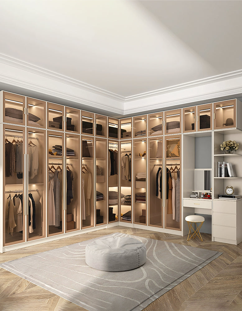 Varela Glass Door Wardrobe In Multiple Sizes, Corner Wardrobe With Lights