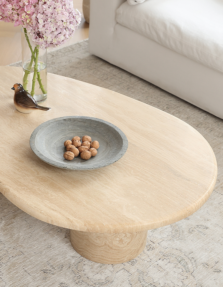 Clio Art Deco Coffee Table, Oval, Travertine