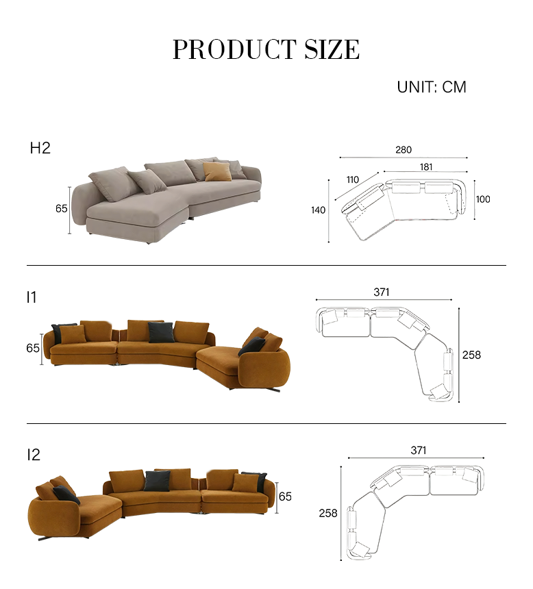 Randal Corner Sofa, Curved Sofa, Different Sizes & Fabrics Available