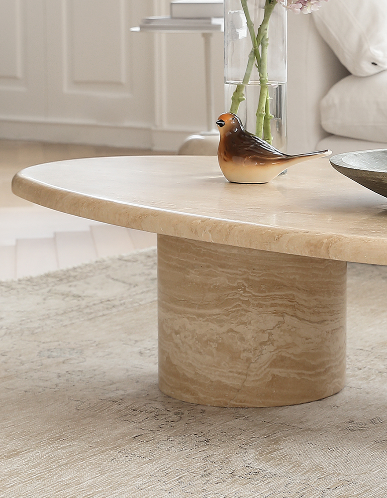 Clio Art Deco Coffee Table, Oval, Travertine