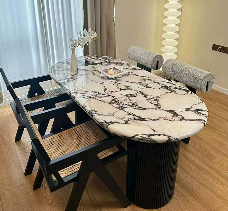 Amina Black Oval Dining Table, Solid Wood & Marble