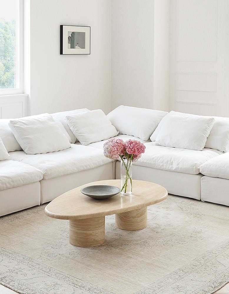 Clio Art Deco Coffee Table, Oval, Travertine