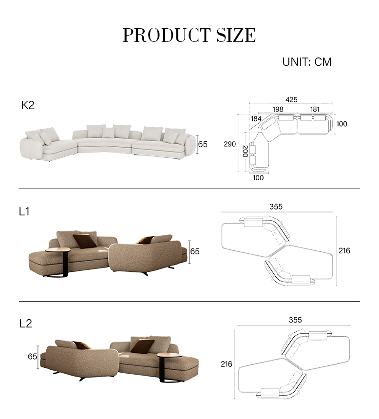 Randal Corner Sofa, Curved Sofa, Different Sizes & Fabrics Available