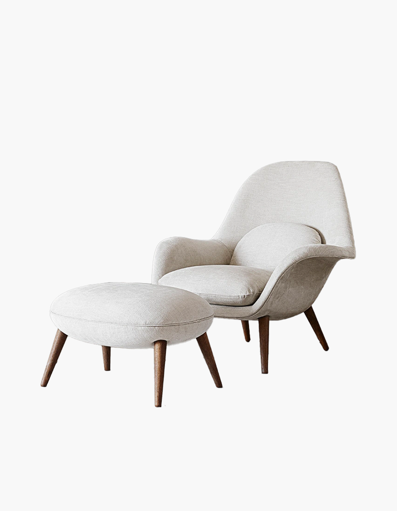Swoon Lounge Petit Armchair And Stool, White, Wood Leg
