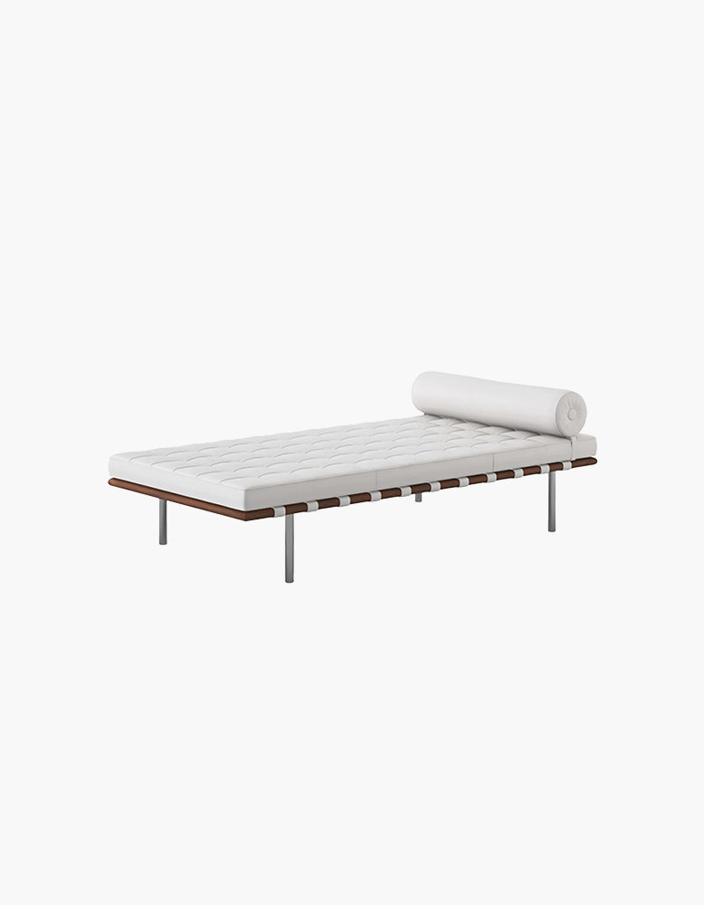 Barcelona Style Daybed, White Leather, Wood Frame