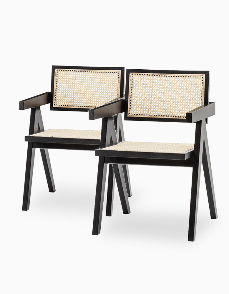 A Set Of Two Black Cane Rattan Dining Chair, Solid Wood｜ DC Concept