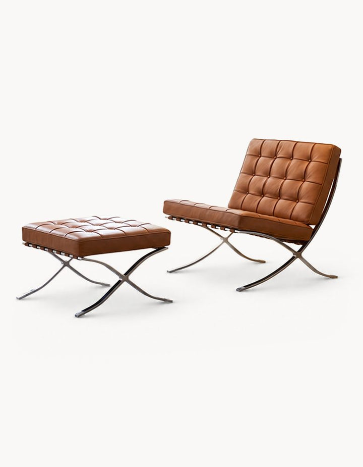 Modern Barcelona Chair And Footstool, Brown Leather
