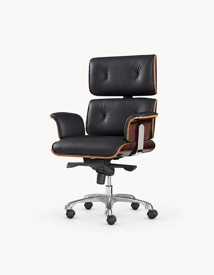 Modern E69 High Back Office Chair Black Premium Leather/ Walnut