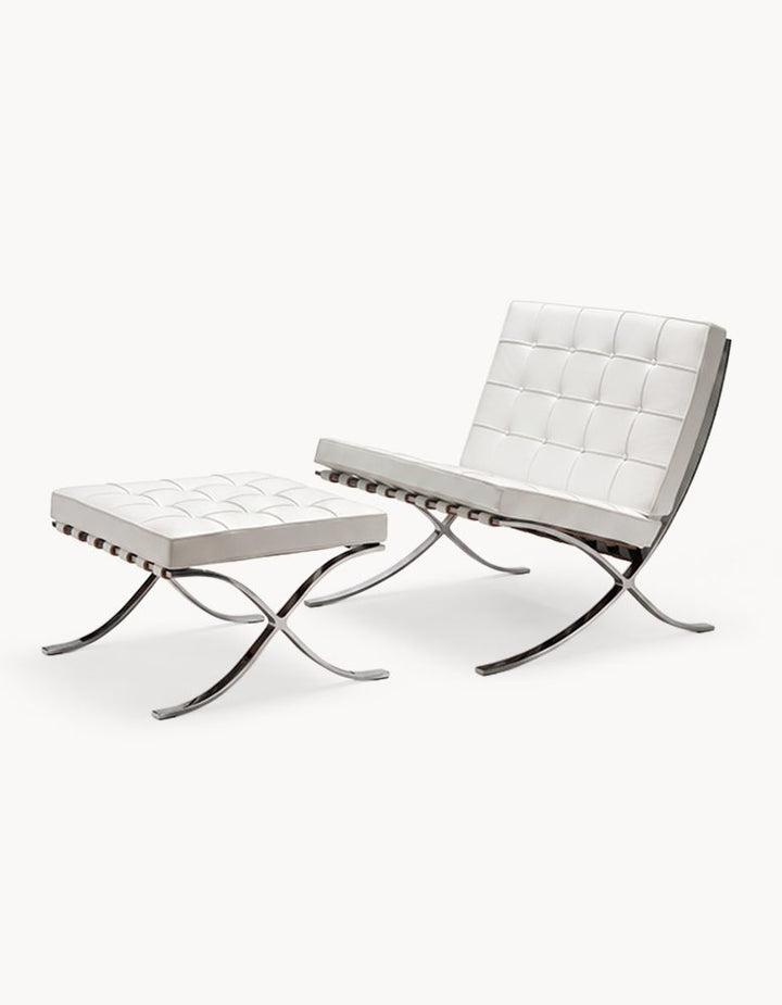 Classic Modern Barcelona Chair And Footstool, White Leather