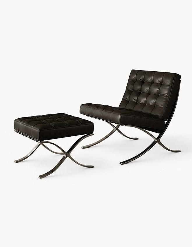 Classic Modern Barcelona Chair And Footstool, Black Leather