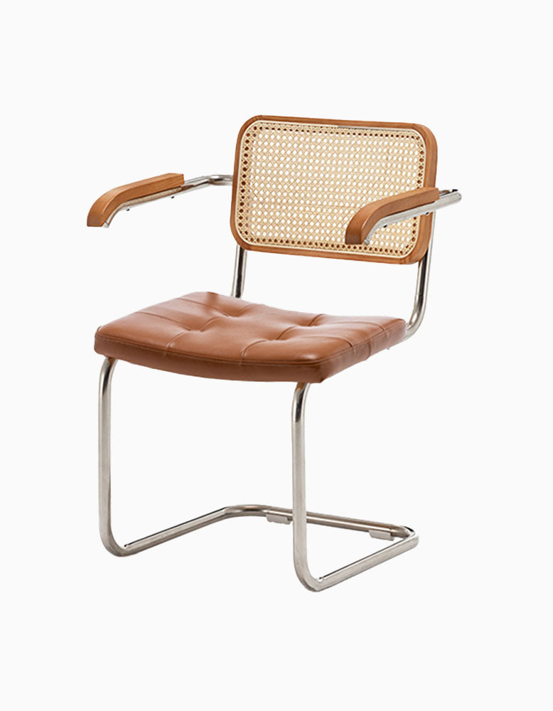 Classic Keaton Rattan Dining Chair, Leather & Chrome, With Armrests｜ DC Concept