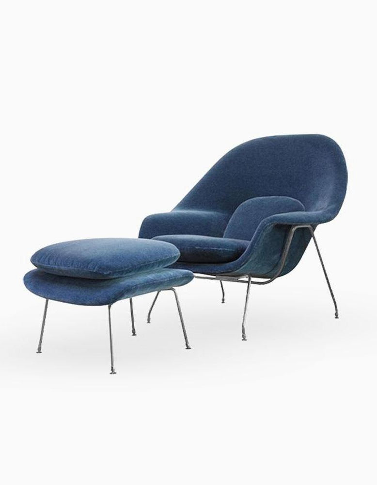 Womb Style Chair & Ottoman In Premium Velvet or Cashmere, Dark Blue｜ DC Concept