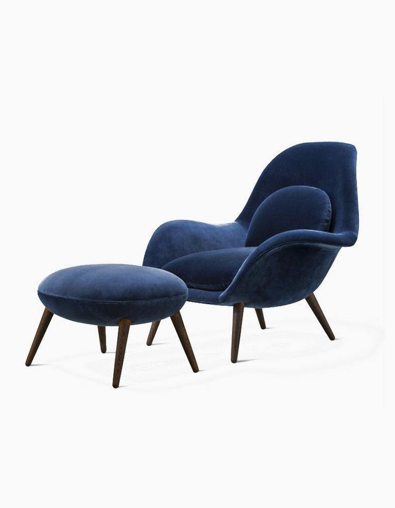 Swoon Lounge Petit Armchair And Stool, Blue Velvet, Wood Leg｜ DC Concept