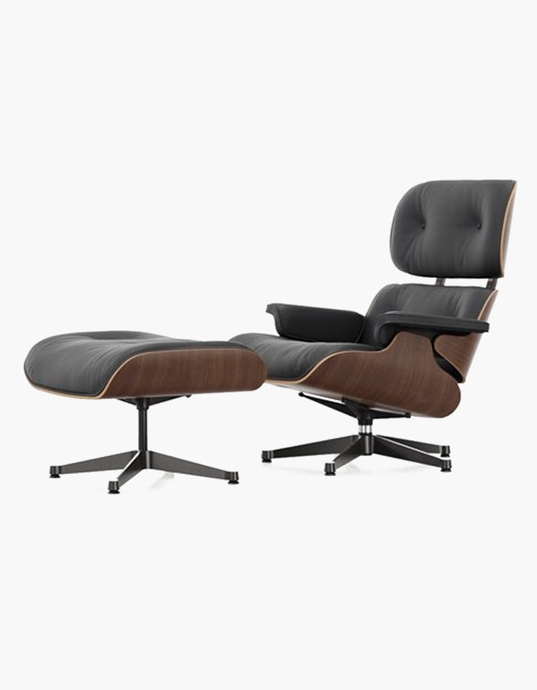 Classical Design EM Lounge Chair And Ottoman, Walnut/ Black Leather｜ DC Concept